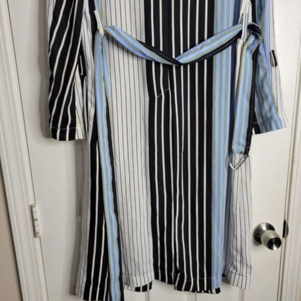 BCBGMAXAZRIA Shirt Jacket Small Black Blue Stripe Trech Belt Pockets Lightweight - Picture 11 of 11